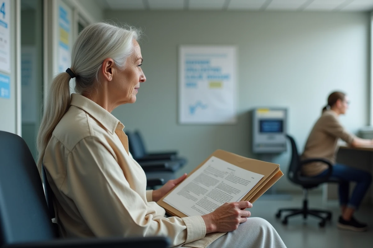 Femme senior en salle d'attente d'un organisme administratif tenant des documents officiels liés à sa pension d'invalidité et consultant un calendrier mural