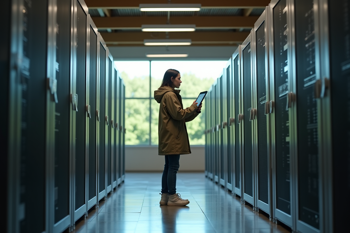 Femme vérifiant serveurs de minage dans centre écologique