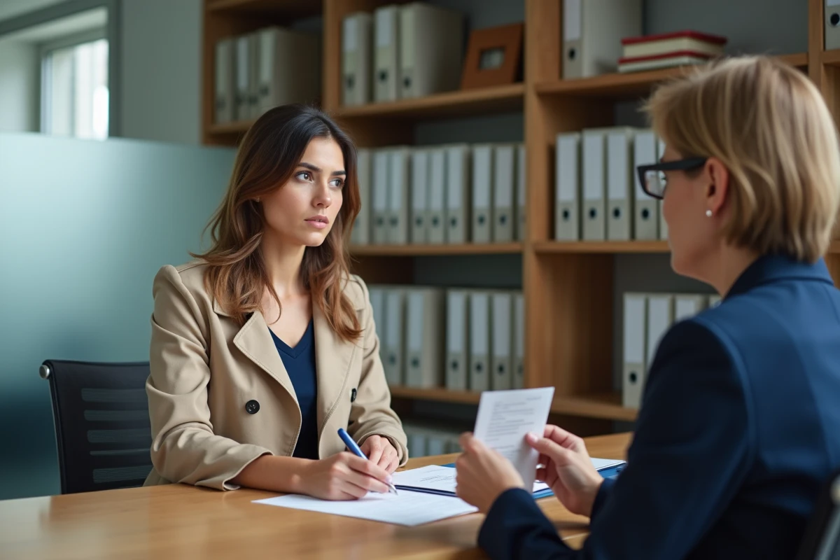 Jeune femme signant un document dans une agence bancaire moderne