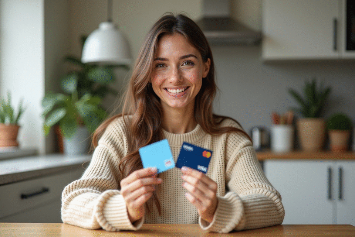 Femme souriante tenant une Visa et MasterCard dans une cuisine lumineuse