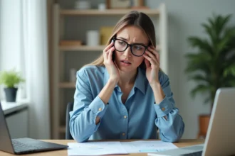 Femme inquiète au téléphone dans un bureau lumineux