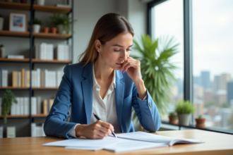 Femme en coworking lisant des documents avec détermination