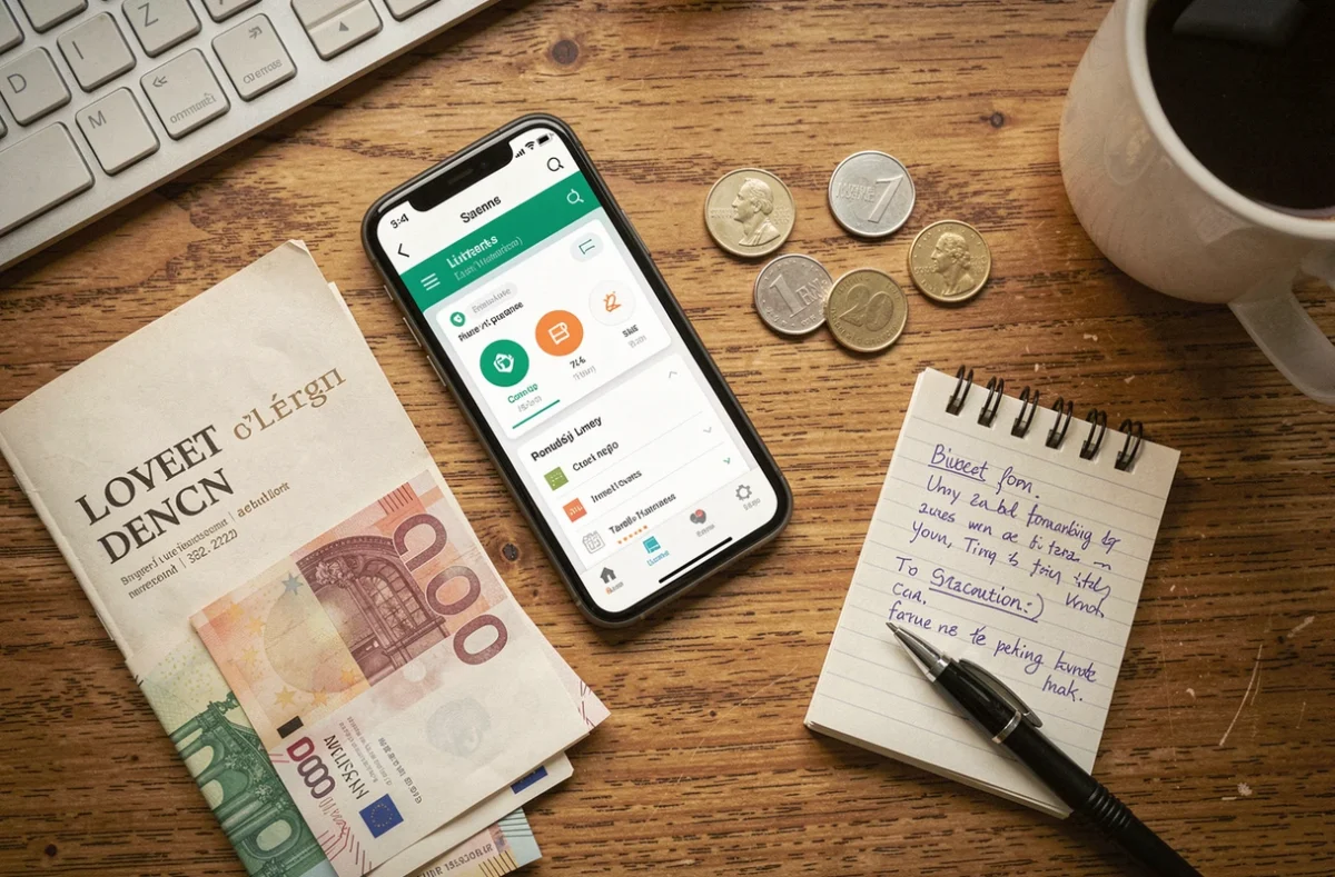 Vue aérienne d'un bureau avec livret d'épargne, smartphone affichant une application comme Plum et billets en euros pour comparer les options d'épargne