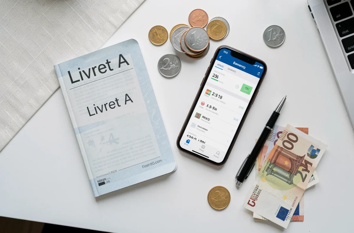 Vue de dessus d'un livret d'épargne, d'un smartphone avec application bancaire et de pièces d'euros sur un bureau blanc