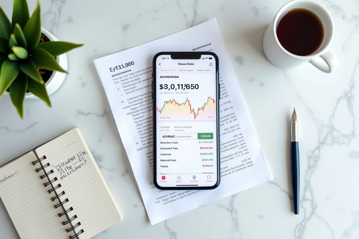 Flat-lay d'un rapport financier Kering sur Boursorama avec smartphone et carnet de calculs budgétaires