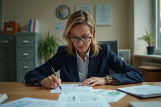Fonctionnaire femme analysant ses fiches de paie et son budget dans un bureau administratif public