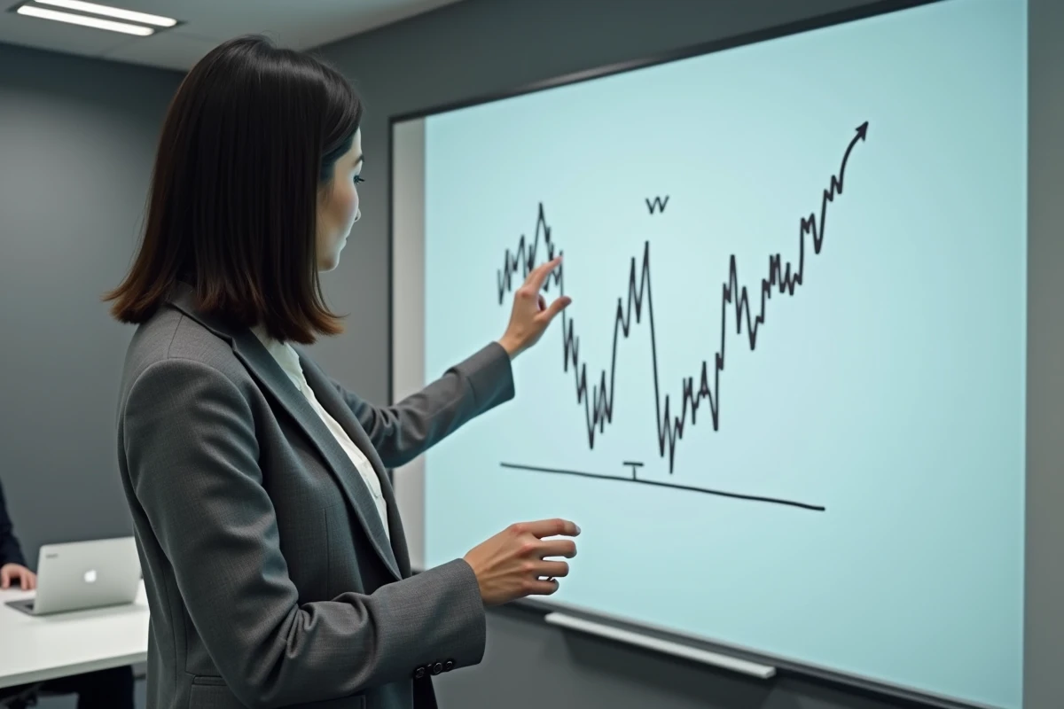 Formatrice expliquant le pattern double bottom sur un tableau blanc dans une salle de formation en trading