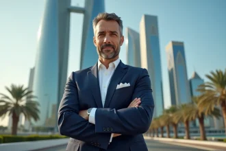 Homme d'affaires qatari en costume devant la skyline de Doha, symbolisant la fortune et le pouvoir financier de Nasser Al-Khelaïfi