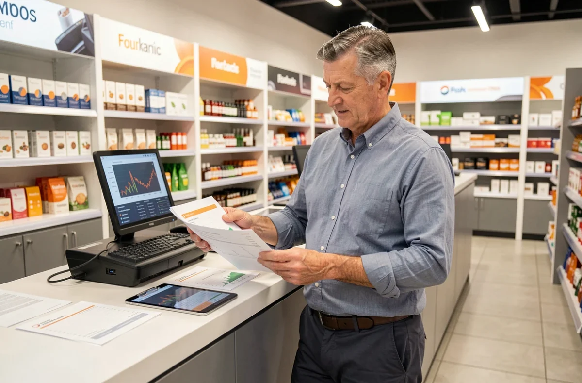 Franchisé analysant les projections de rentabilité d'un point de vente dans un espace commercial