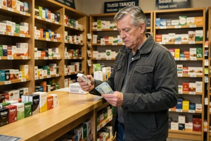 Frontalier examinant un paquet de cigarettes au comptoir d'un bureau de tabac suisse avec des billets en euros dans la main