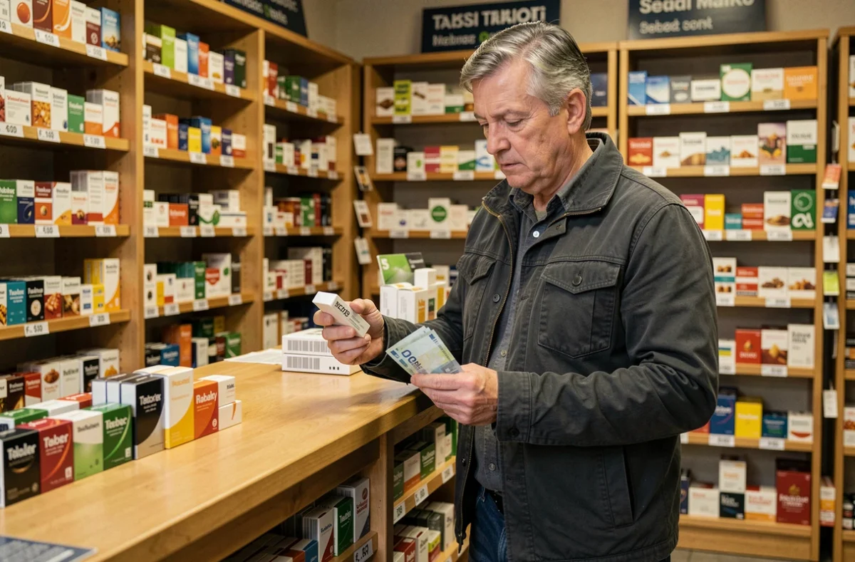 Frontalier examinant un paquet de cigarettes au comptoir d'un bureau de tabac suisse avec des billets en euros dans la main