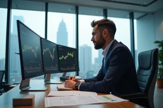 Gérant de portefeuille analysant des courbes de performance et des statistiques financières sur plusieurs écrans dans un bureau d'investissement moderne