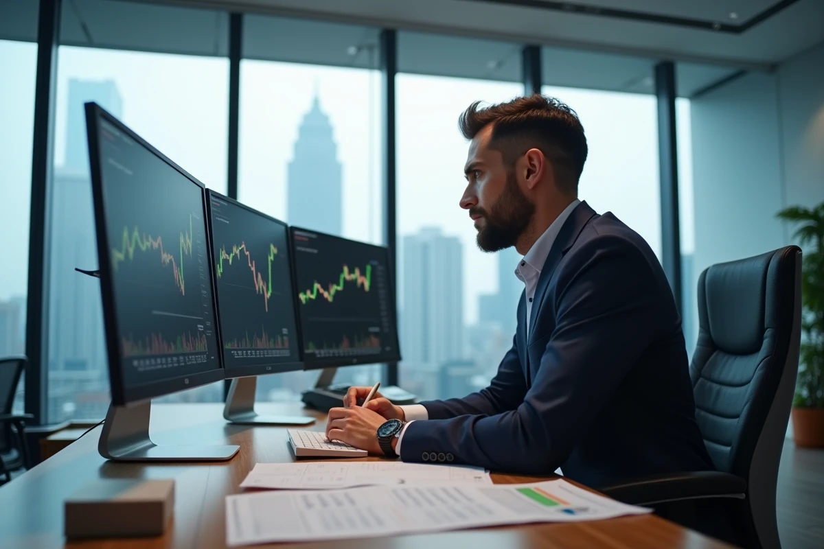 Gérant de portefeuille analysant des courbes de performance et des statistiques financières sur plusieurs écrans dans un bureau d'investissement moderne
