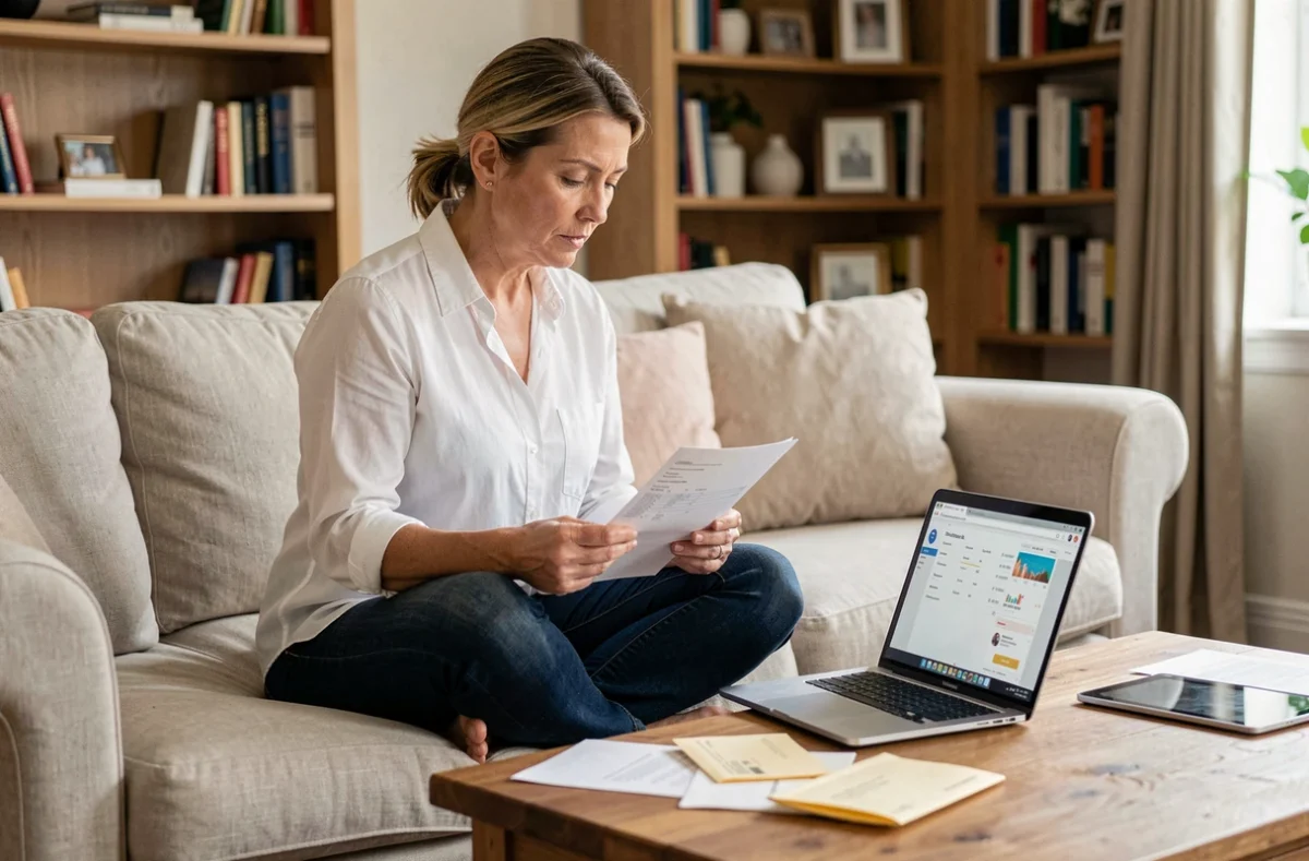 Femme analysant ses relevés bancaires La Banque Postale et ses achats en ligne sur canapé dans un salon