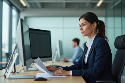 Professionnelle en assurance analysant des contrats sur un poste de travail numérique dans un bureau moderne - gestion fluide des contrats Inaxa Courtage