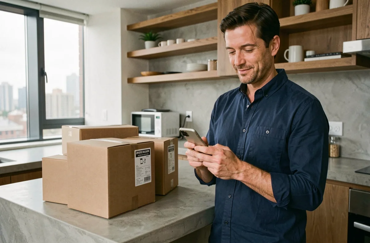 Homme consultant son application bancaire La Banque Postale sur smartphone avec des colis de livraison dans une cuisine moderne