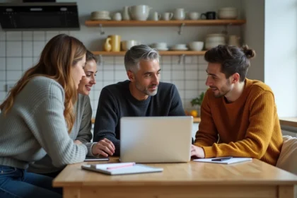Groupe de quatre adultes autour d'une table cuisine pour crowdfunding