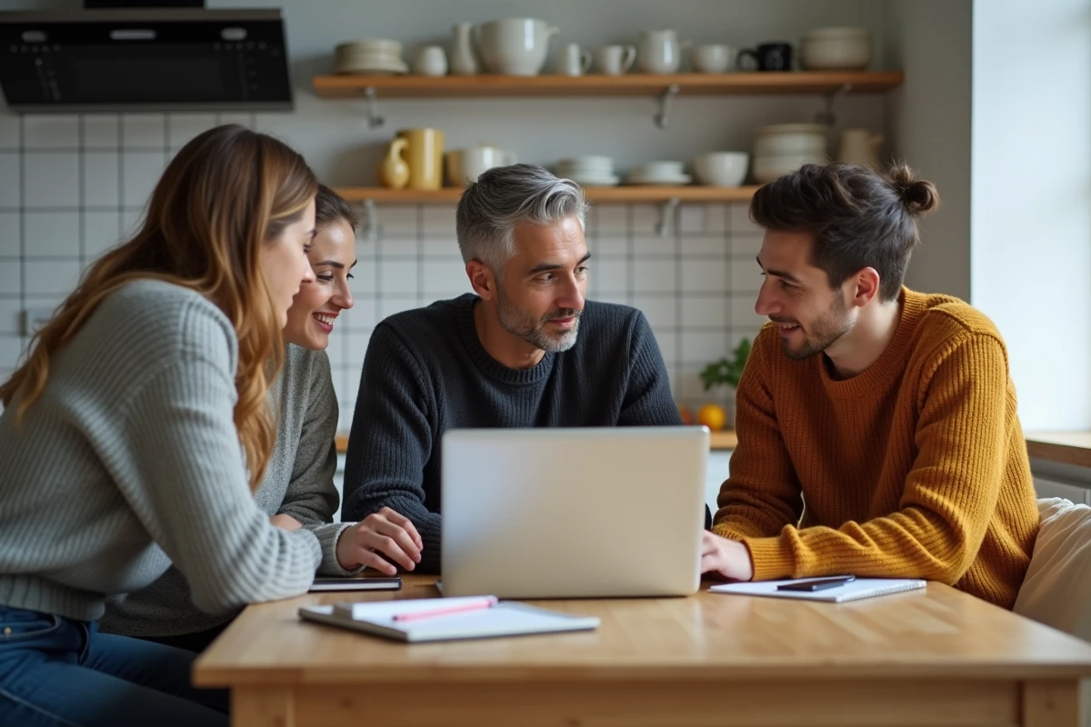 Groupe de quatre adultes autour d'une table cuisine pour crowdfunding