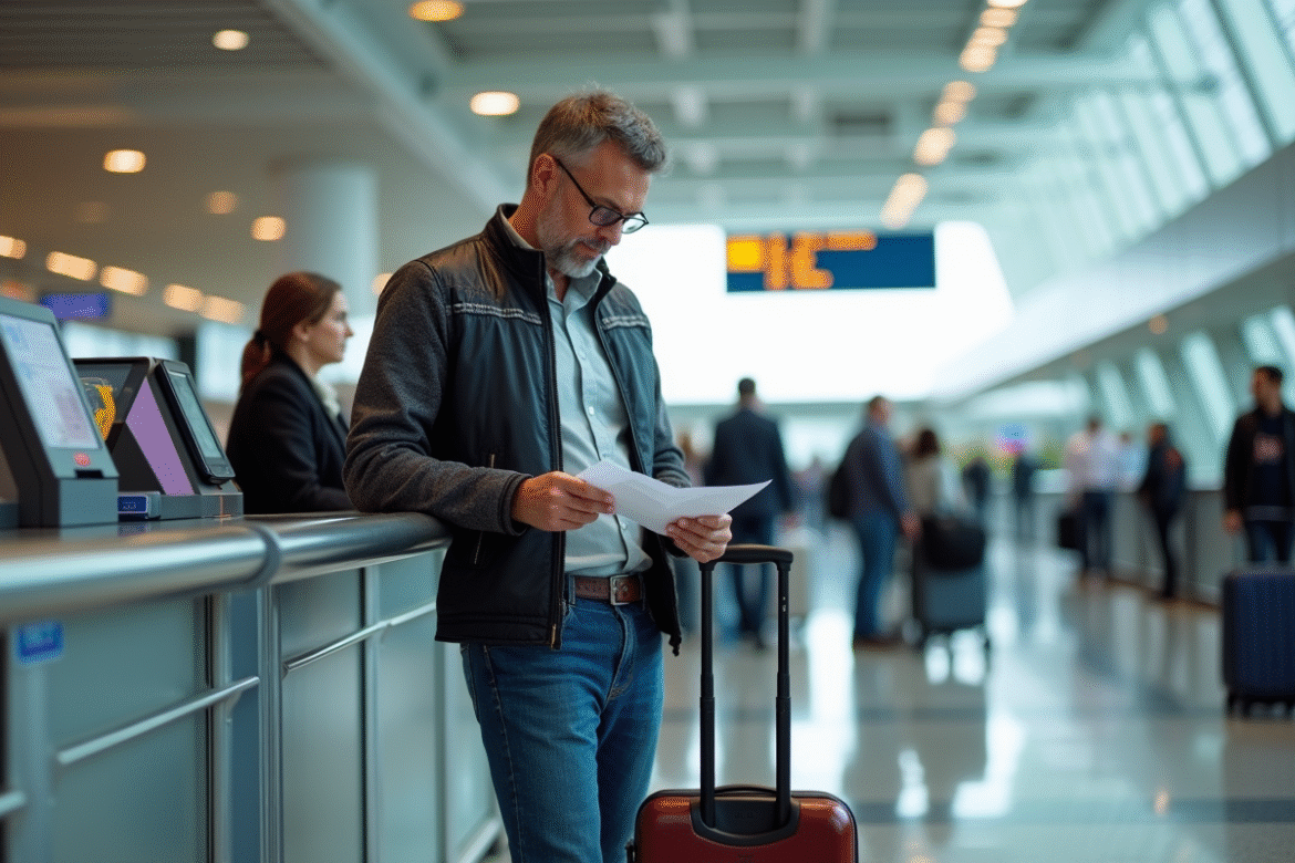 Homme d'âge moyen au check-in aéroport avec documents