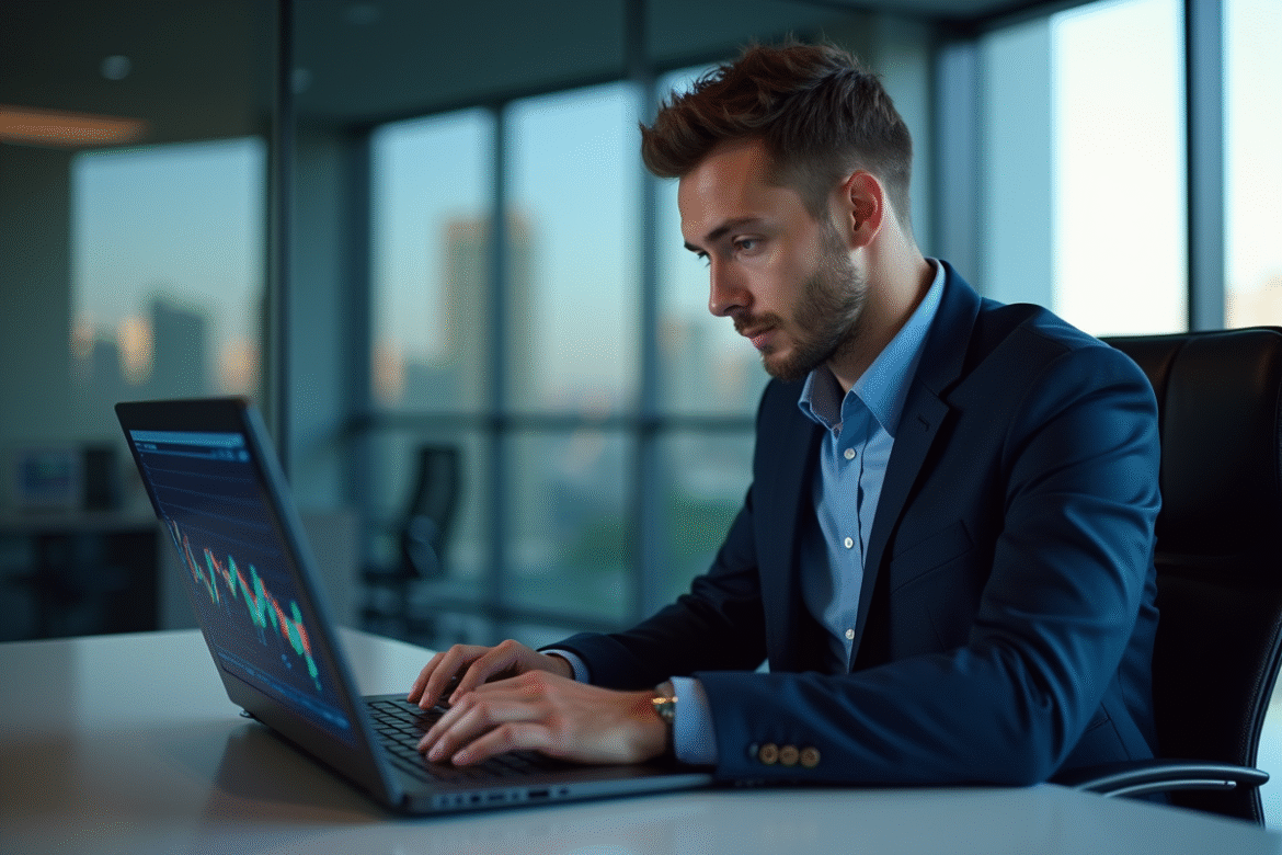 Jeune homme en costume bleu étudiant des graphiques crypto