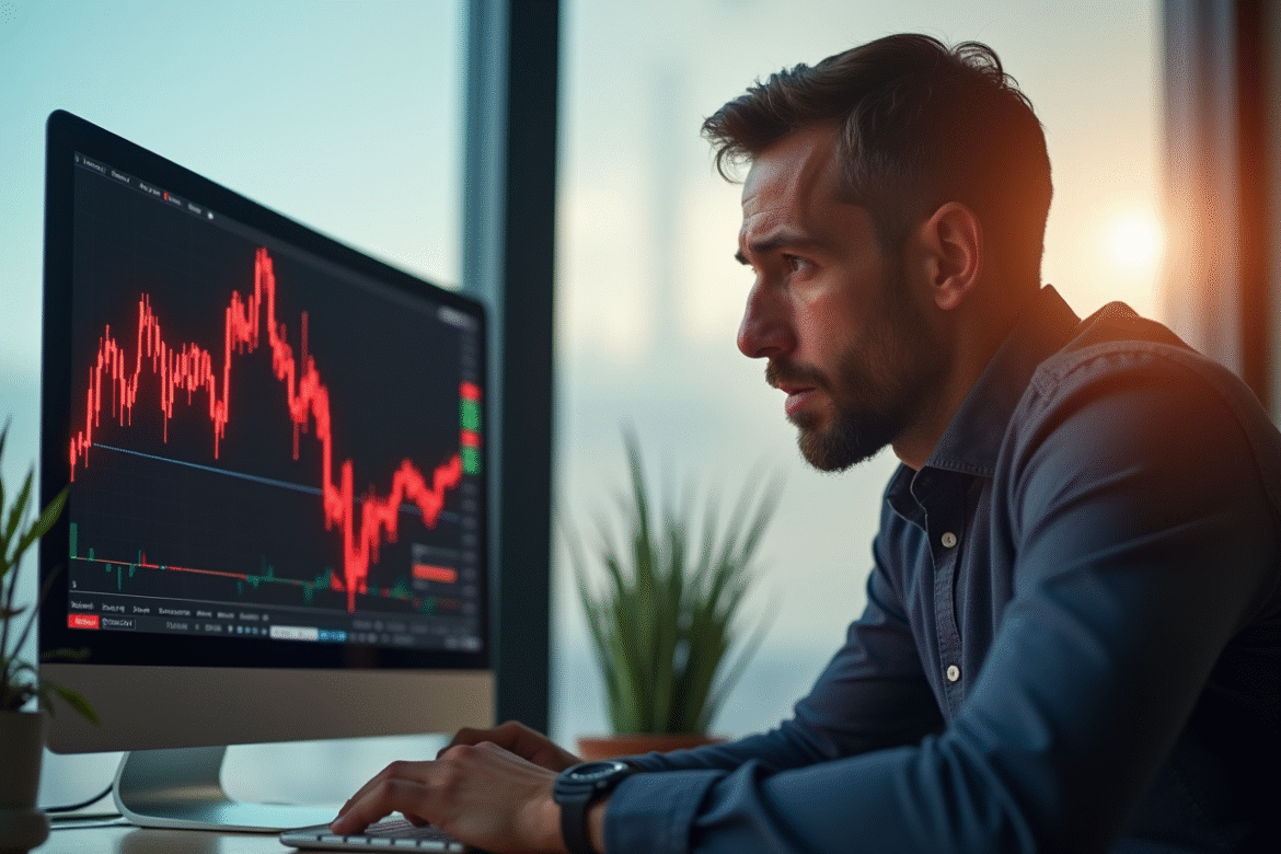 Homme d'affaires stressé regardant un écran de bourse en chute