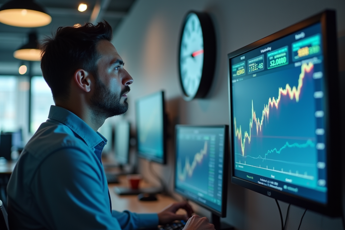 Homme d'affaires regardant une horloge digitale dans un bureau moderne