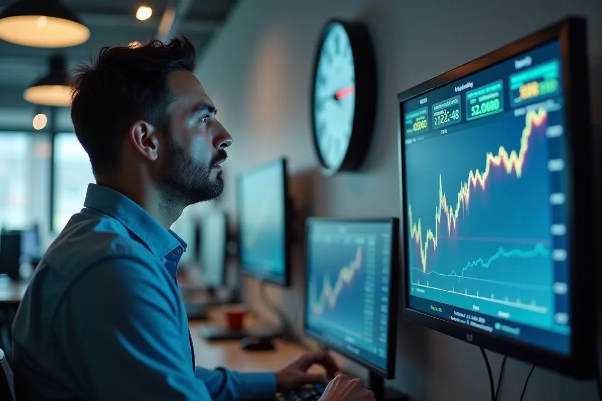 Homme d'affaires regardant une horloge digitale dans un bureau moderne