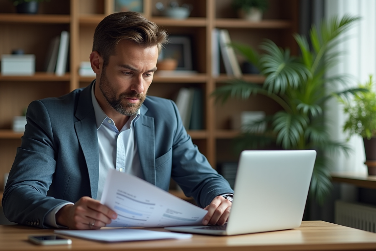 Homme d'affaires à son bureau à domicile en train d'étudier des documents financiers