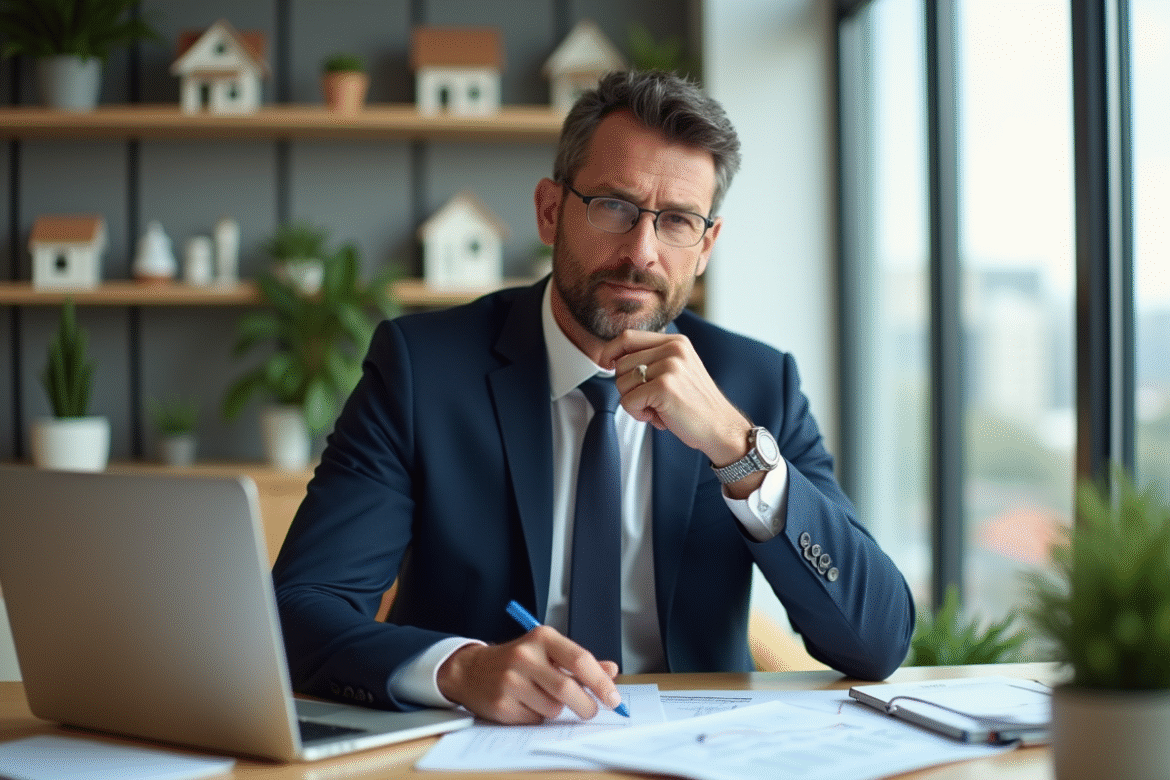 Homme d'affaires en costume dans un bureau immobilier