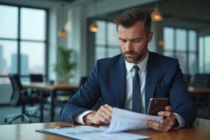 Homme d'affaires en costume noir examine un rapport financier