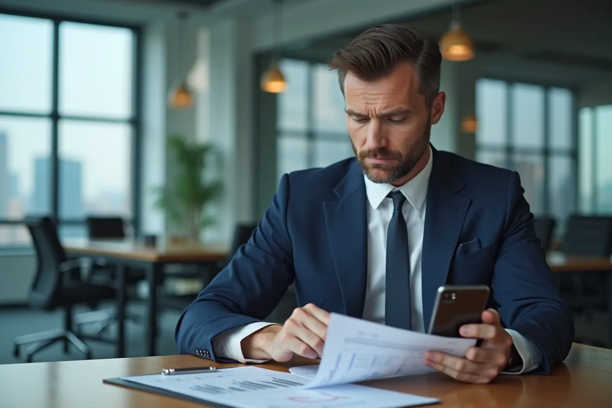 Homme d'affaires en costume noir examine un rapport financier