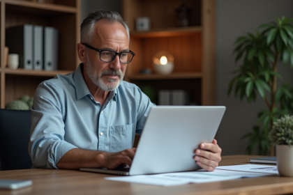 Homme d affaires en bureau moderne examine un rapport financier