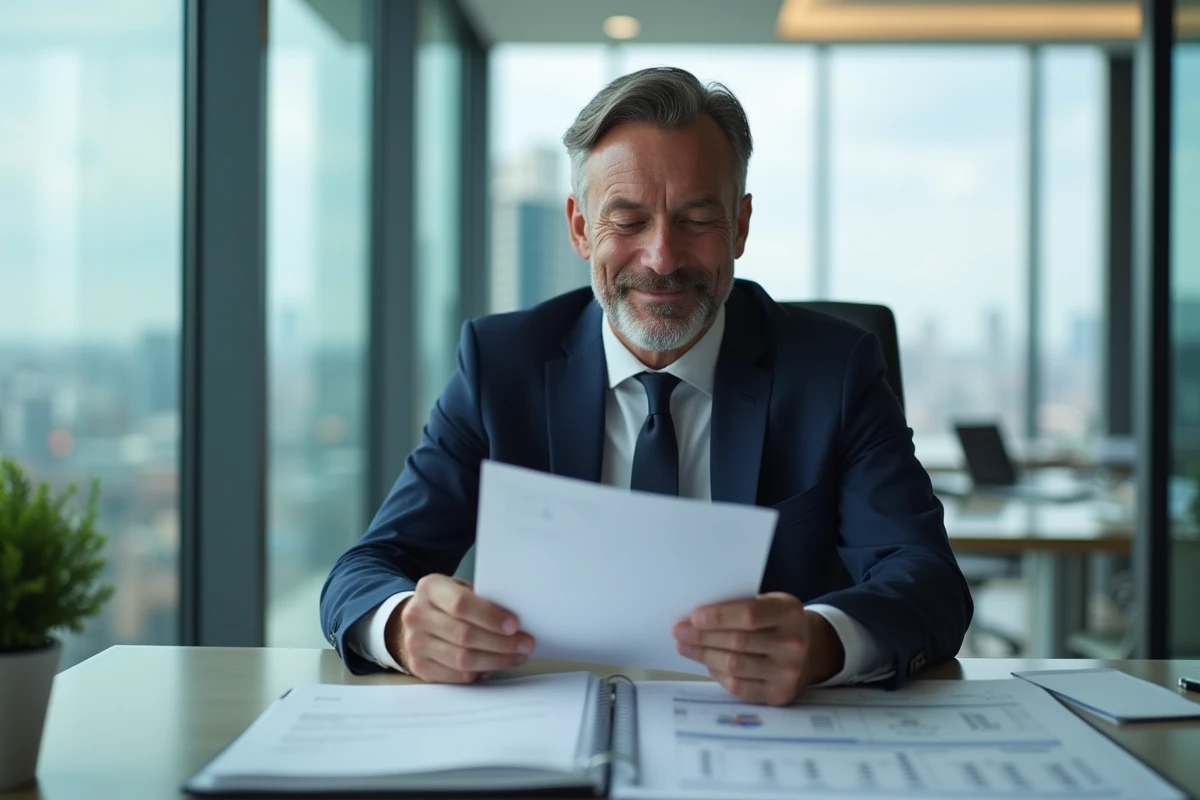 Homme d'affaires en costume navy dans un bureau moderne