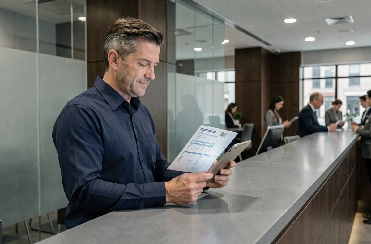 Homme consultant un relevé bancaire en agence pour comparer son livret d'épargne avec une solution en ligne comme Plum