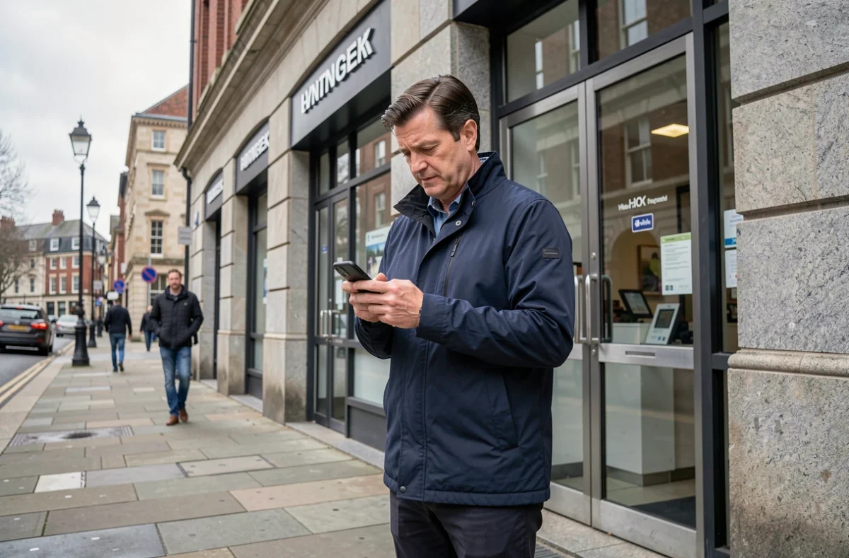 Homme devant une agence bancaire traditionnelle consultant son smartphone, symbolisant l'hésitation entre services en ligne et agence physique