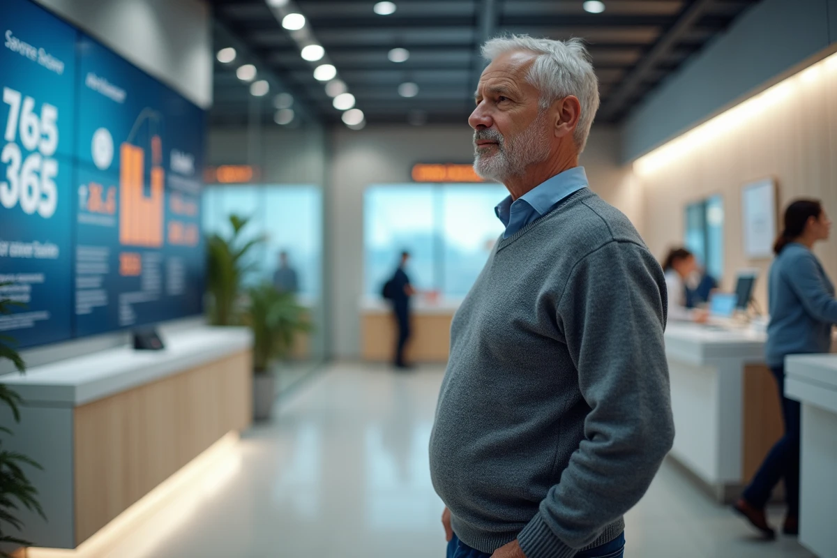 Homme réfléchissant devant un affichage de taux d'épargne dans une agence bancaire moderne
