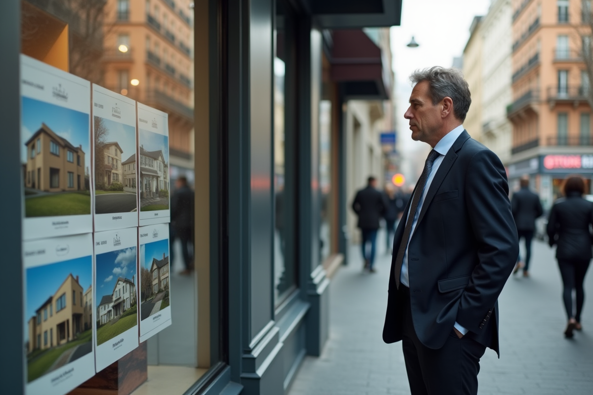 Homme d affaires regarde les annonces immobilières en ville