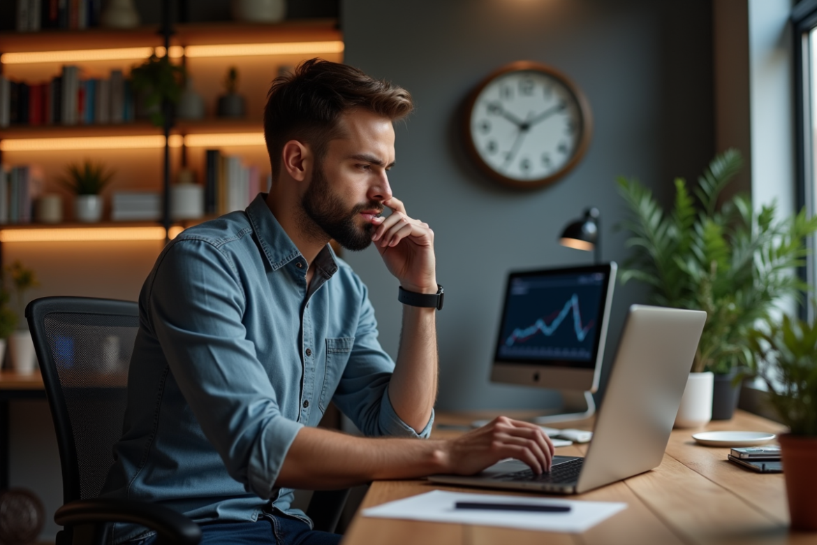 Homme concentré analysant graphiques bitcoin dans un bureau moderne