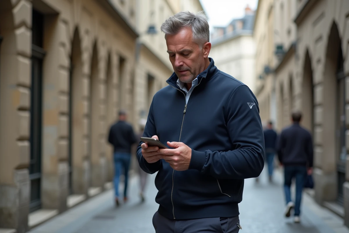 Homme utilisant l'application mobile Crédit Agricole Vendée en plein centre-ville français