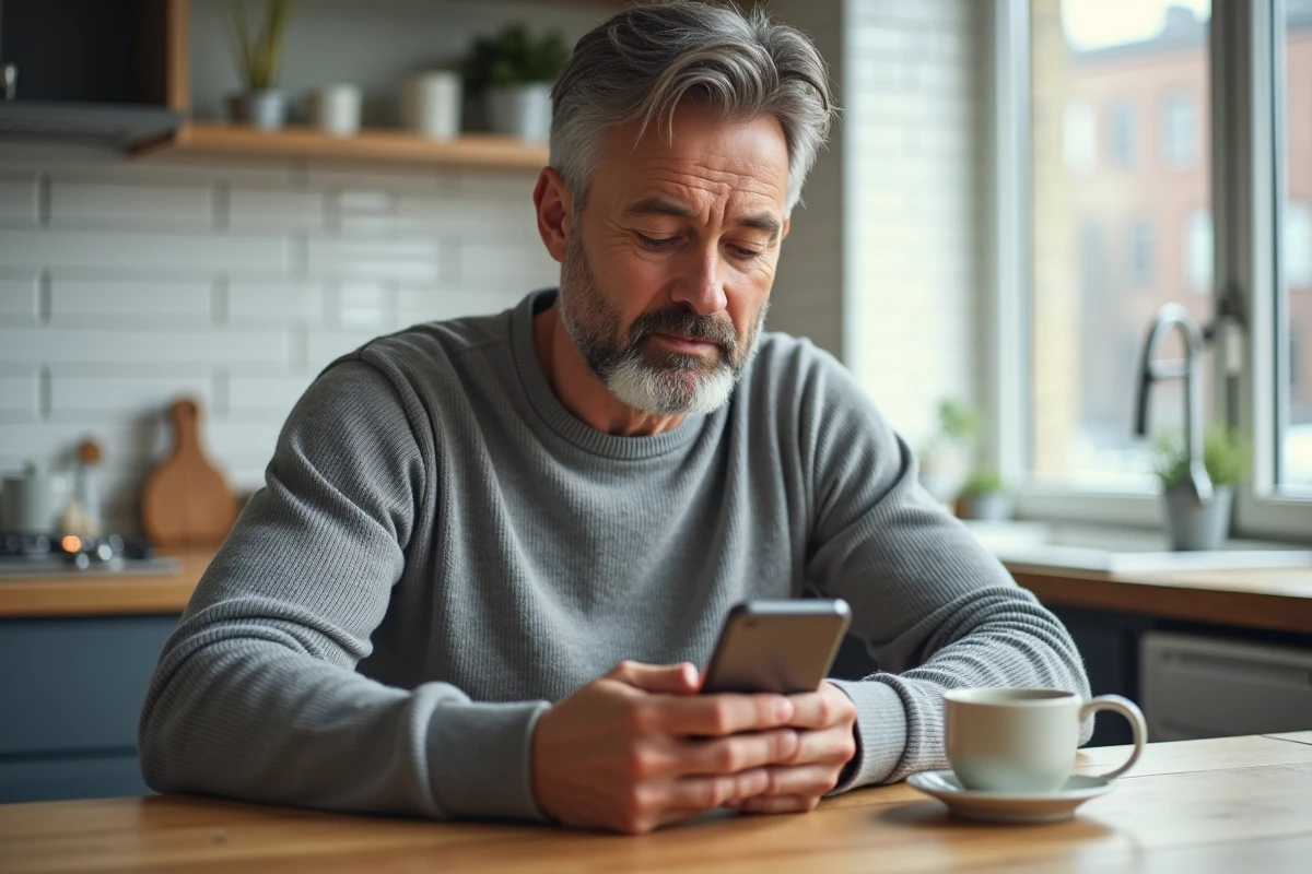 Homme utilisant l'application mobile Cyberplus Banque Populaire sur smartphone dans une cuisine moderne