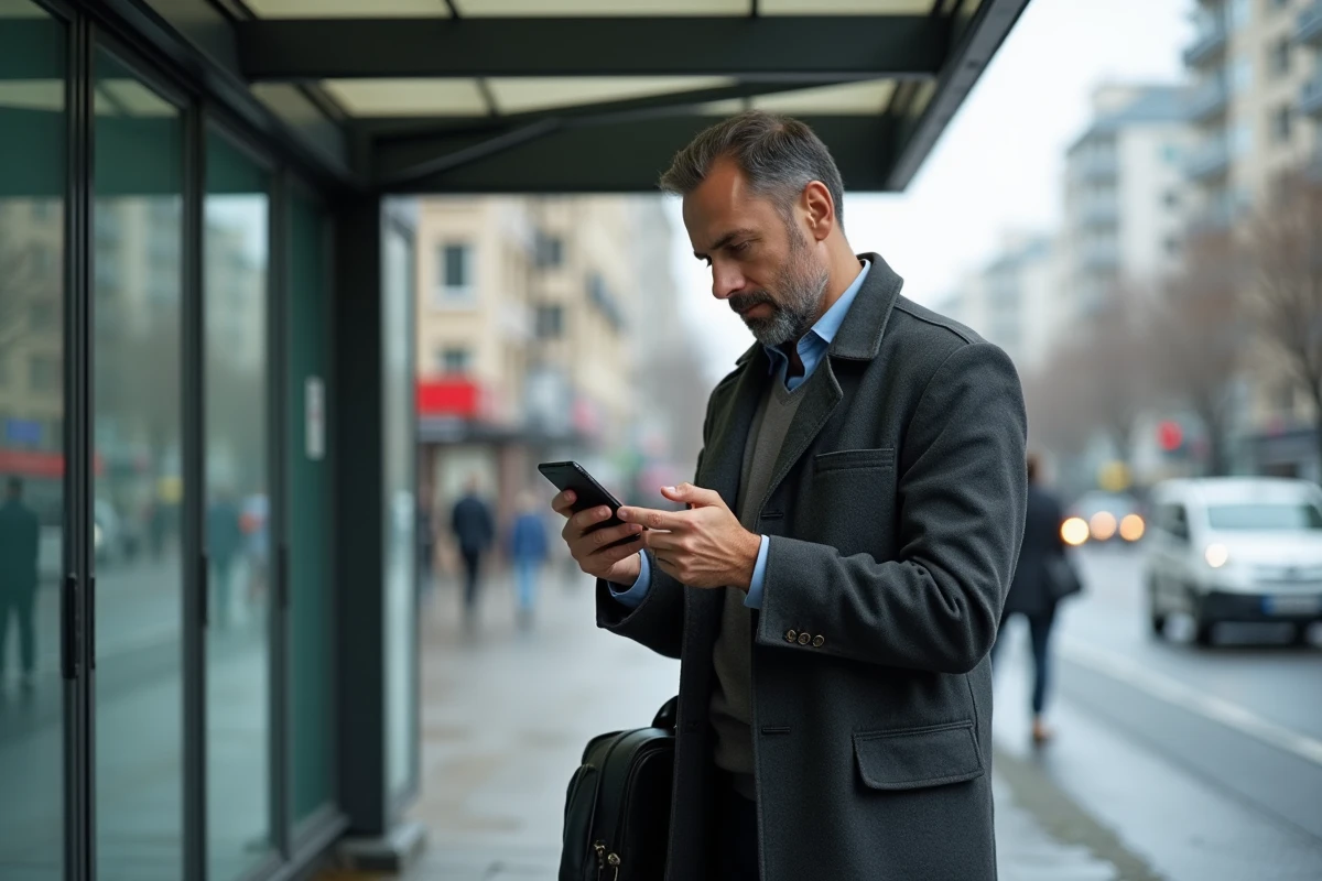 Homme d age au arrêt de bus vérifiant son téléphone
