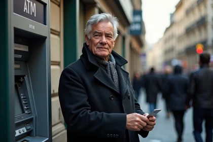 Homme d'âge moyen insérant sa carte bancaire à un ATM en ville