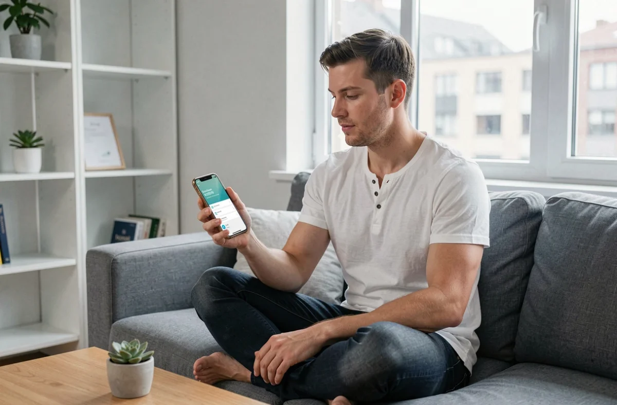 Homme consultant son application de banque en ligne sur smartphone depuis son salon