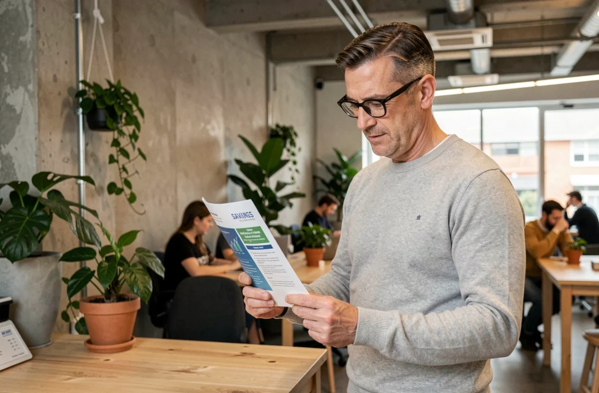 Homme d'affaires consultant une brochure d'épargne dans un espace de coworking moderne