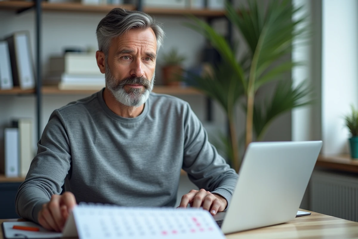 Homme d'une quarantaine d'années gérant son calendrier de paiement de pension invalidité dans un bureau à domicile avec ordinateur et relevés bancaires