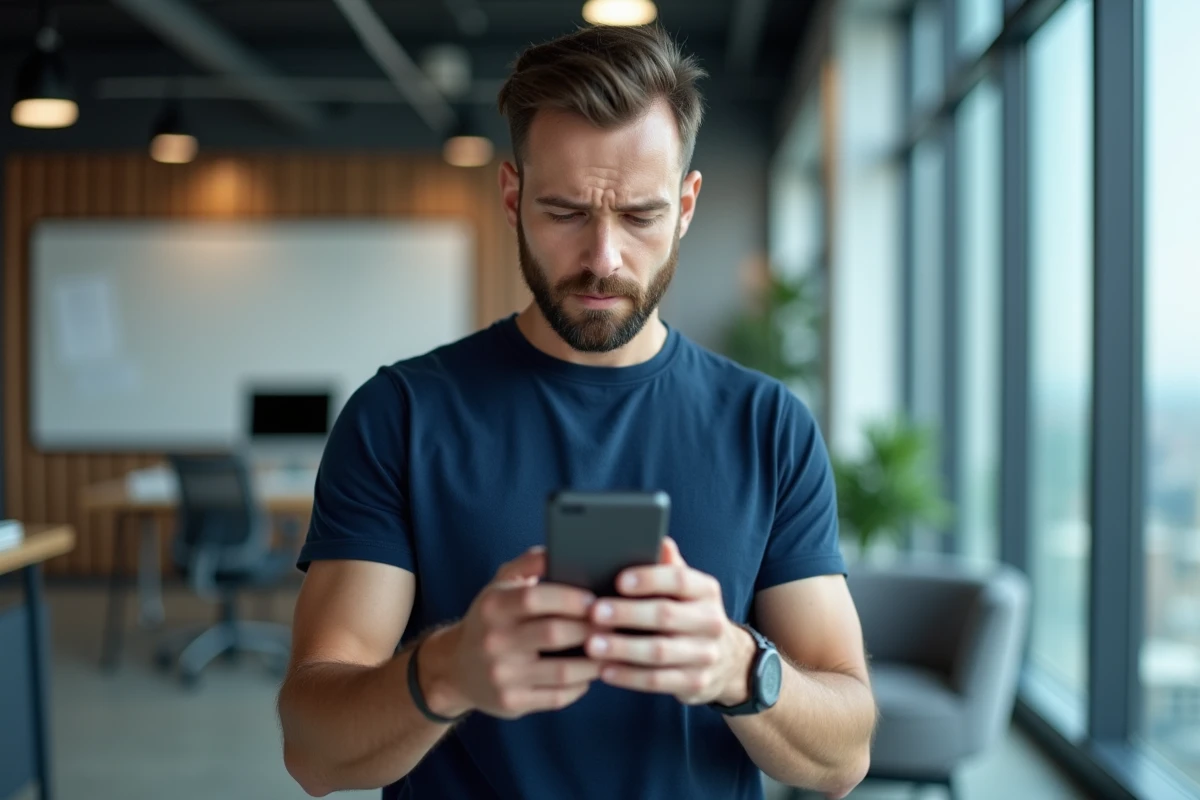 Homme en bureau vérifiant une notification de virement bancaire suspect sur son smartphone, air préoccupé