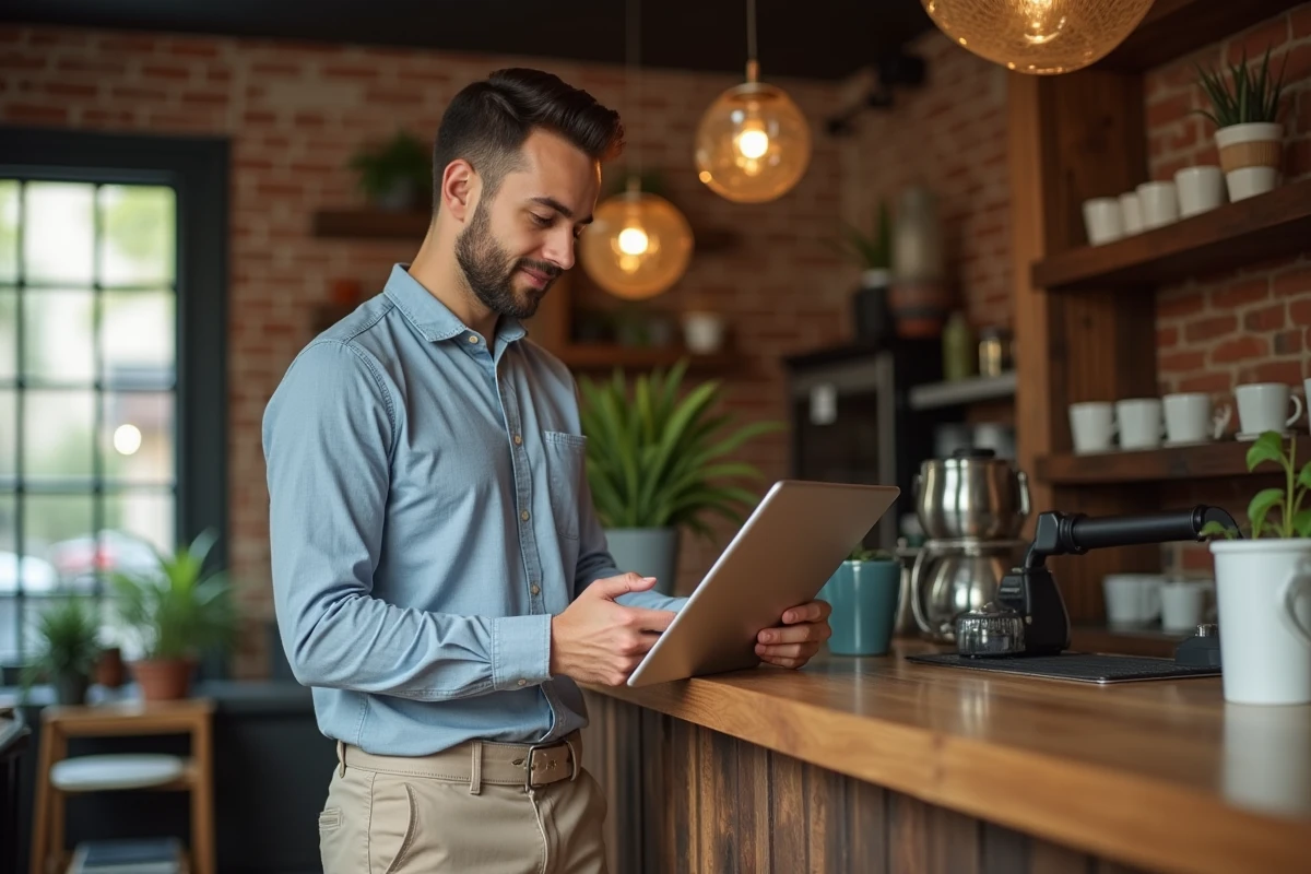 Jeune homme au café utilisant une tablette pour comparer banques