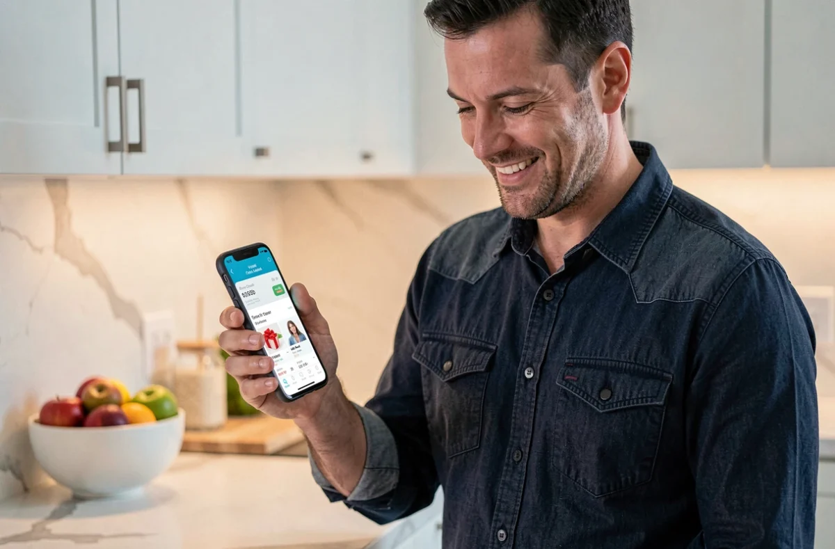 Homme consultant le solde de sa carte Bimpli sur smartphone pour faire des achats cadeaux sur Amazon en 2026