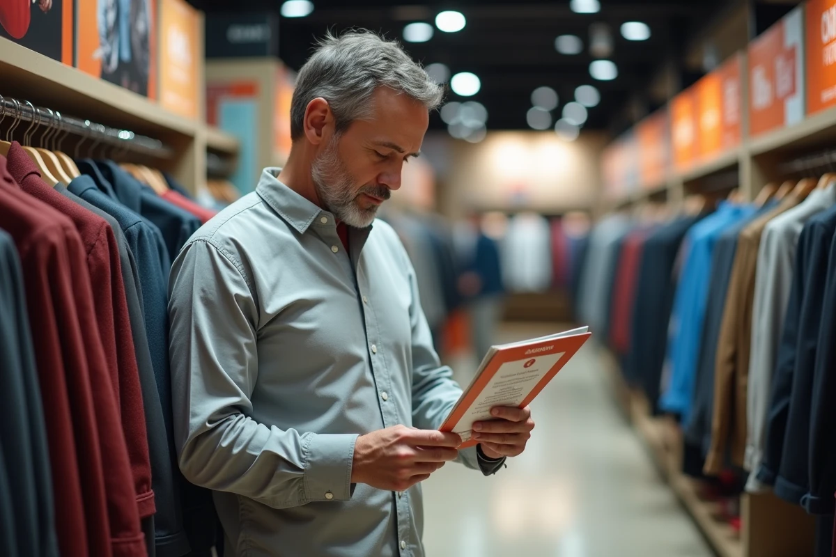 Homme comparant une promotion en magasin avec un chèque Cadhoc dans une boutique de vêtements