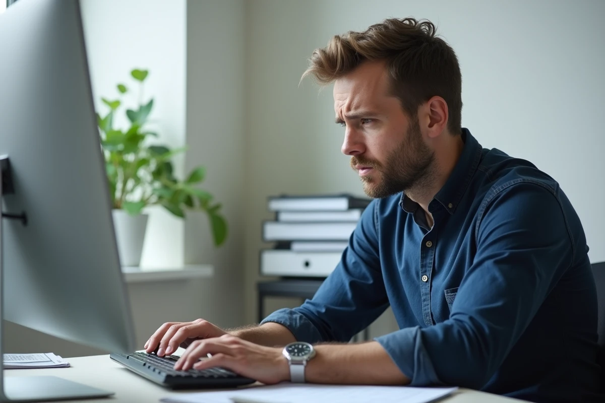 Homme remplissant un formulaire de contact Cofidis en ligne depuis son bureau à domicile